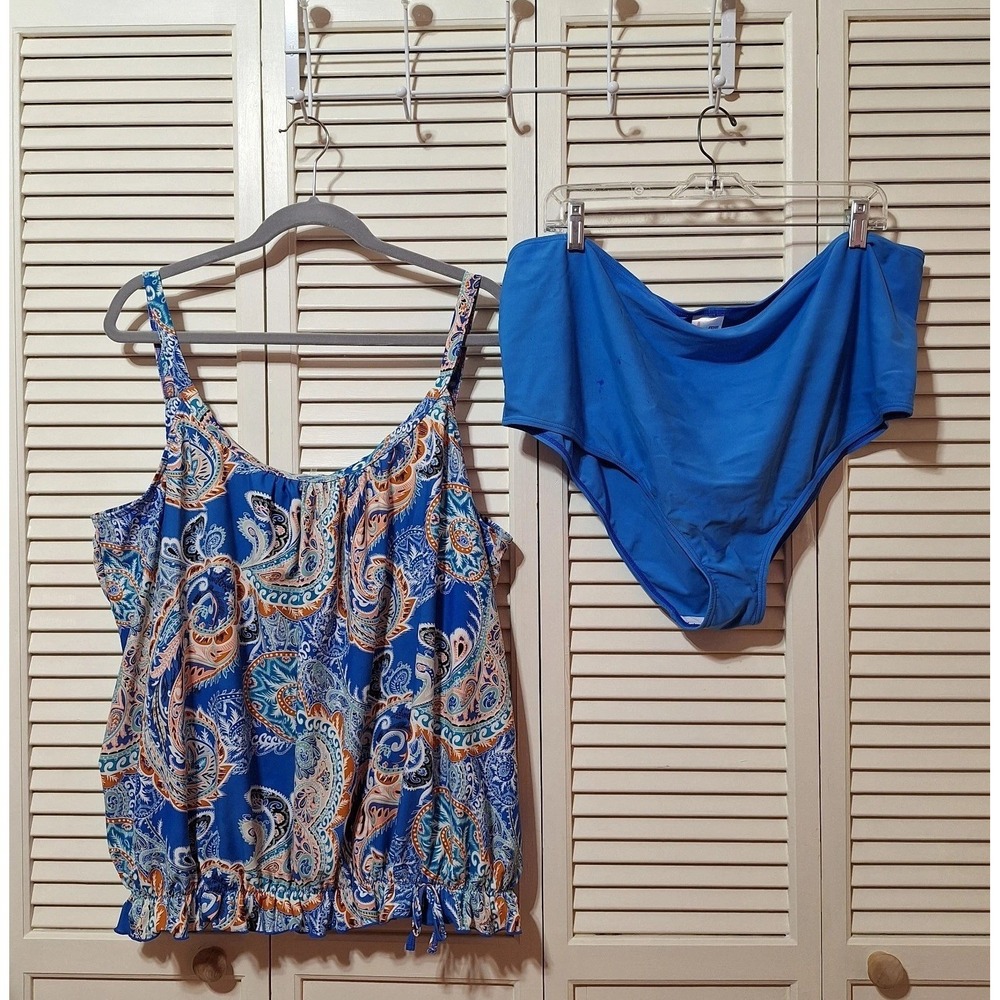 Beach To Beach Women Two Piece Swimsuit Sz 28 Blouson Ruffle Hem Shelf Bra Flaws